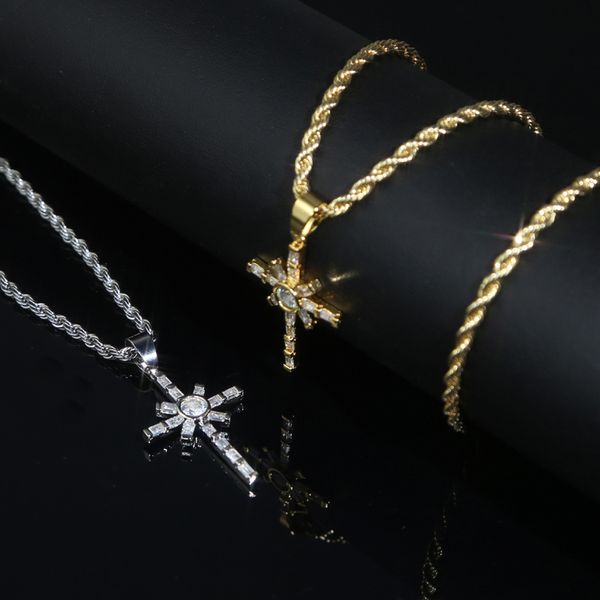 

men women hip hop cross pendant necklace with rope tennis chain iced out bling cubic zirconia paved jewelry, Silver