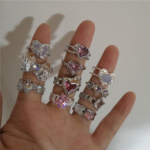 

cluster rings pink crystal irregular heart ring for women creative blue opal heart open ring shiny geometric zircon ring vintage y2k jewely, Golden;silver