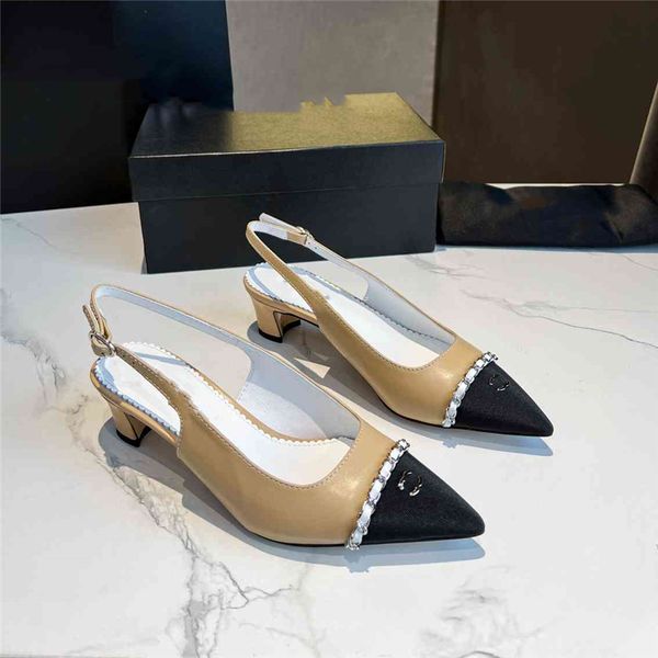 

fashion dress shoes women leather 2023 channel high heel metal buckle letter logo wedding party business casual flat shoes 07-04, Black