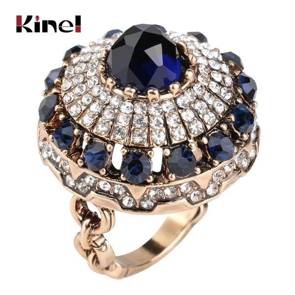 

cluster rings kinel luxury big natural stone ring vintage crystal antique rings for women gold color party christmas gift turkish jewelry 23, Golden;silver