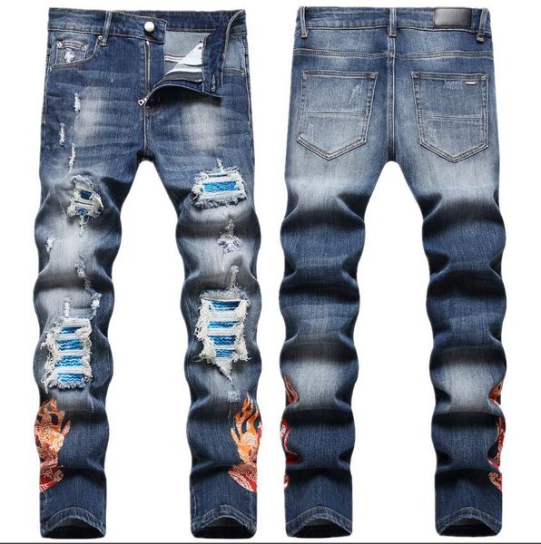 

men's jeans 2023 star leather stitching ripped jean brand patchwork men fall america hip hop denim pant streetwear tights-6, Blue