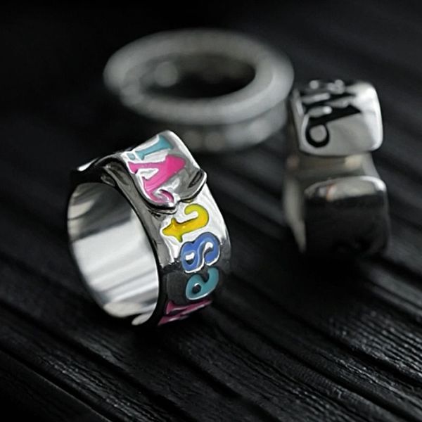 

couple rings rainbow lettering belt open ring niche design retro personality high sense ins cool wind all-around ring unique engagement ring, Silver