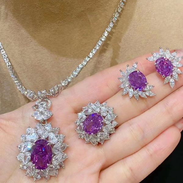 

luxury lab amethyst diamond jewelry set 925 sterling silver engagement wedding rings earrings necklace for women promise jewelry, Slivery;golden