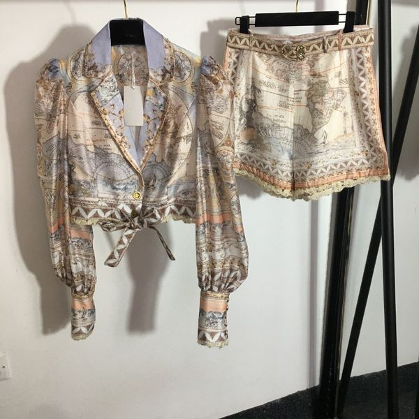 

two piece dress australian designer designs new world map retro print polo neck bubble long sleeve pearl belt high waist shorts set, White