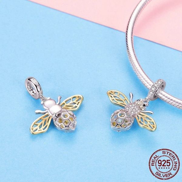 

genuine 925 sterling silver clear zircon bee charms insect pendant fit original bracelets & necklaces jewelry, Bronze;silver