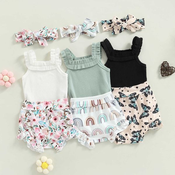 

clothing sets baby girls shorts set sleeveless romper + flower/rainbow/butterfly print shorts + hairband w0424, White