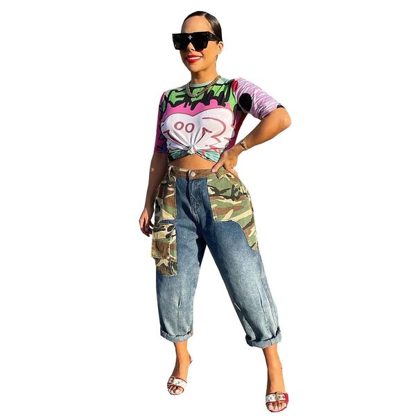 

new designer camo patchwork jeans women high waist vintage straight denim pants casual washed distressed retro cargo pocket trousers wholesa, Blue