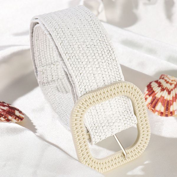 

waist chain belts boho design square buckle elastic braided belts for women summer solid color straw belt female wide waistband vacation acc