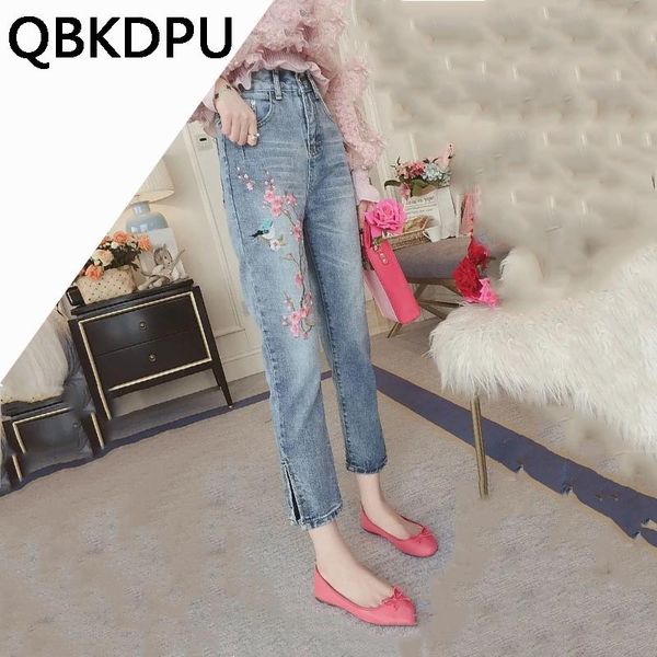 

jeans korean fashion embroidery anklelength jeans women vintage slim denim pants autumn split bottoms casual trousers office lady, Blue