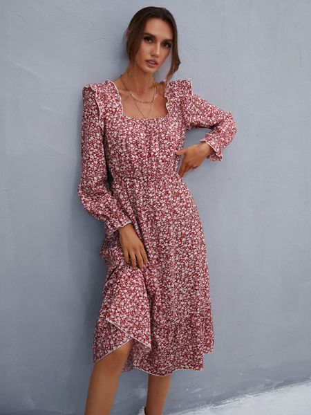 

casual dresses  women's spring square neck long sleeve high waist floral dress for ladies a line printed dresses 230424, Black;gray