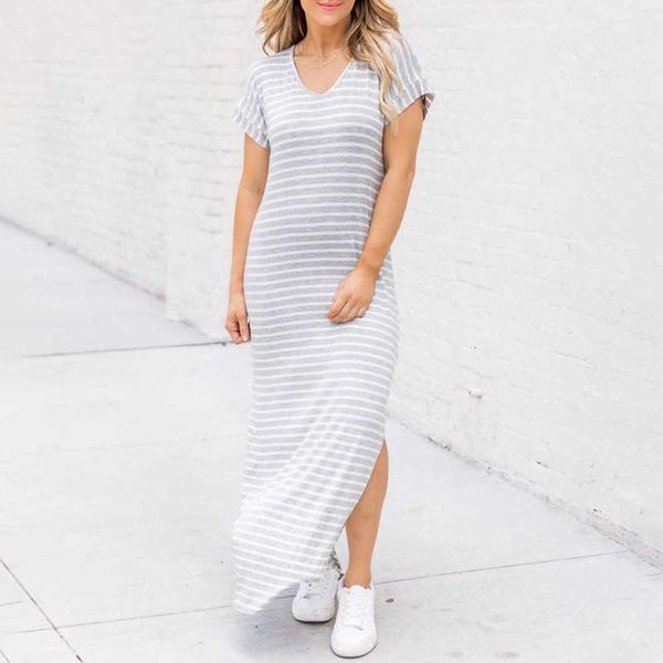 

stripe shiying summer print split long dress new short sleeve v-neck waist wrapped up for a slender and lazy style, Black;gray