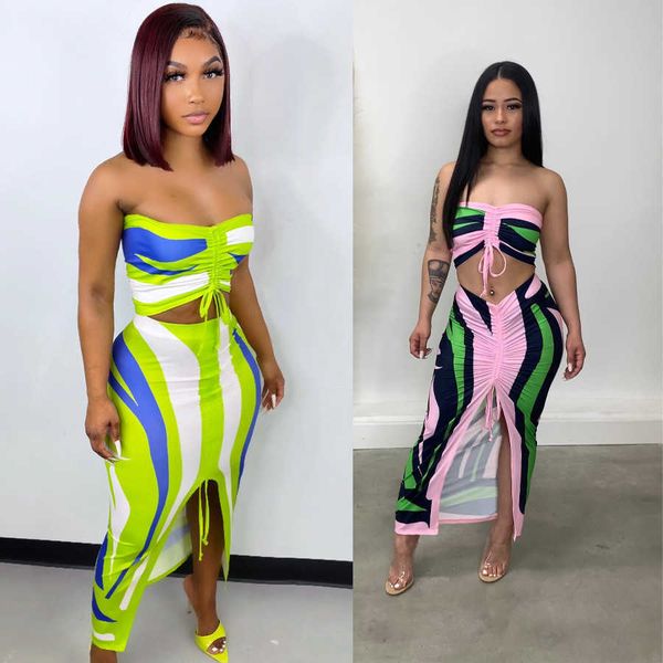 

two piece dress echoine striped print strapless drsting crop and pencil skirt two piece set party outfits lace up skinny dress suit summer j, White