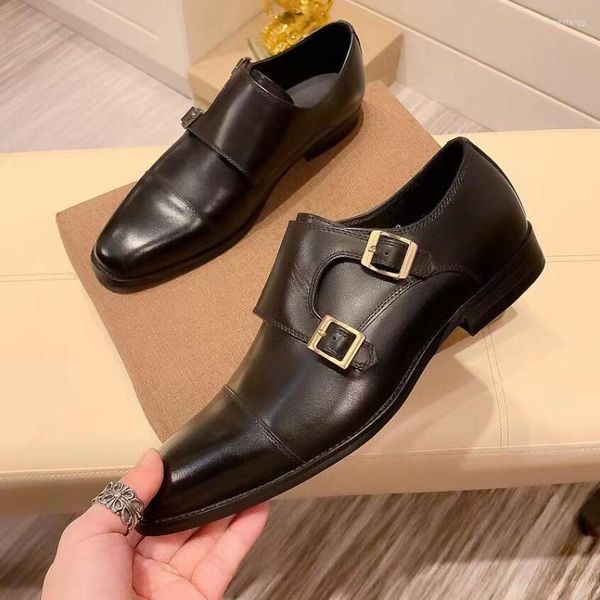 

dress shoes handmade buckle men genuine cow leather suit footwear wedding formal office, Black