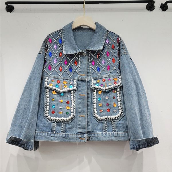 

women's jackets spring/summer korean fashion pearl diamond short denim coat women's loose relaxed blue polo collar long sleeve den, Black;brown