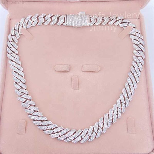 

hand setting 15mm 3 row high end custom vvs1 moissanite diamond lab diamond cuban link necklace men, Silver
