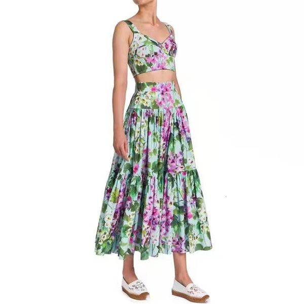 

two piece dress spring and summer embroidered suspenders long skirt suit women's cotton fashion elegant high waist pleated bing 230425, White