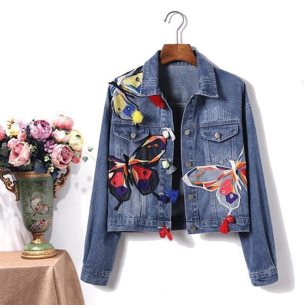 

women's jackets embroidered butterfly denim jacket women vintage loose jeans outwear personality street harajuku casual ladies short co, Black;brown