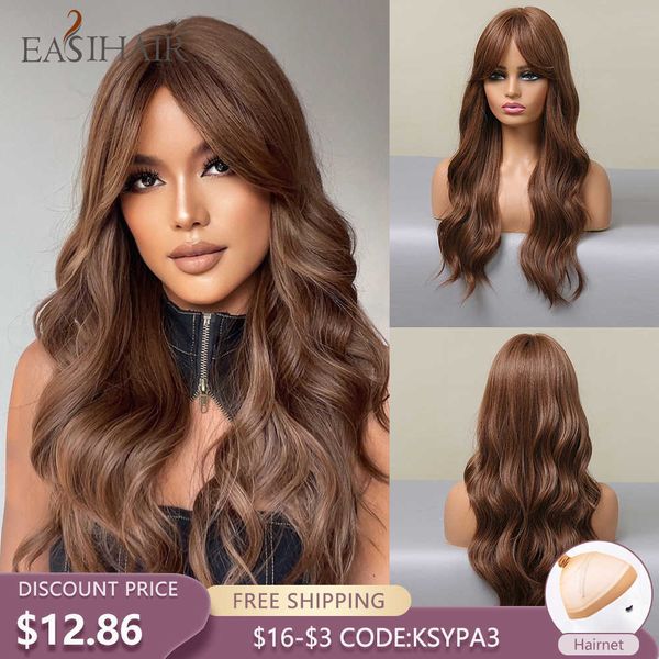 

synthetic wigs easihair long wavy chestnut brown synthetic wigs with bangs for women cosplay natural hair heat resistant fiber 230227, Black