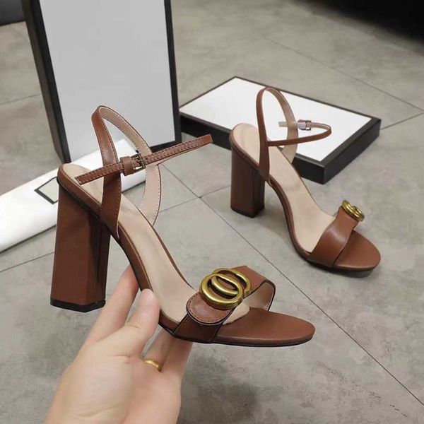 

buckle ggity fashion classic high metal heel slippers sandals ladies double summer leather party designer chunky heel plus size 10cm 35-42 w, Black