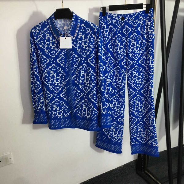 

23ss women shirt set womens designer clothing blue and white porcelain printed pattern nail drill lapel long sleeve shirt high waist wide le