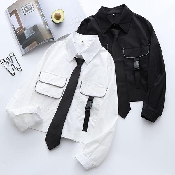 

women's blouses shirts autumn women jk uniform japanese tie long sleeve loose short shirt college casual street pocket white student bl