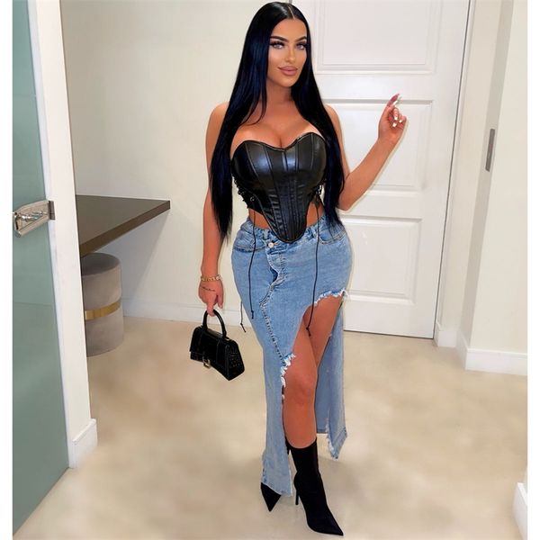 

skirts tassel washed jeans maxi skirt women button fly high waist irregular cut bodycon long slim casual denim 230424, Black