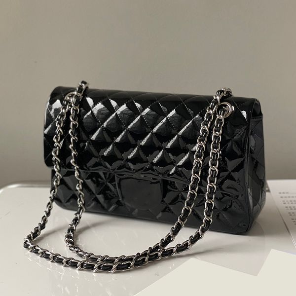 

25cm maxi jumbo quilted patent leather bags shiny classic double flap totes rectangle luggage silver metal hardware matelasse chain crossbod