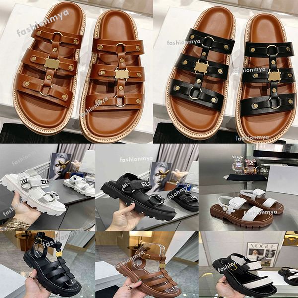 

designer sandals women slippers triumphal sandals calfskin flat mules bottomed logo classic gladiator summer vintage beach sandal slipper wi, Black