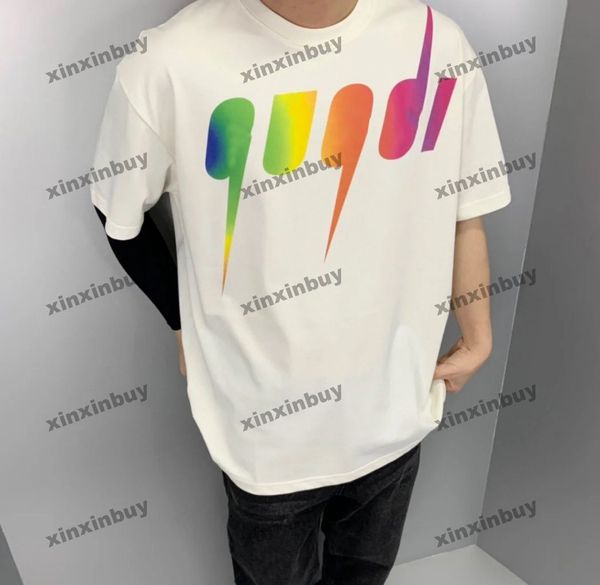 

xinxinbuy men designer tee t shirt 23ss lightning rainbow gradient letter short sleeve cotton women black apricot white xs-l, Black;brown