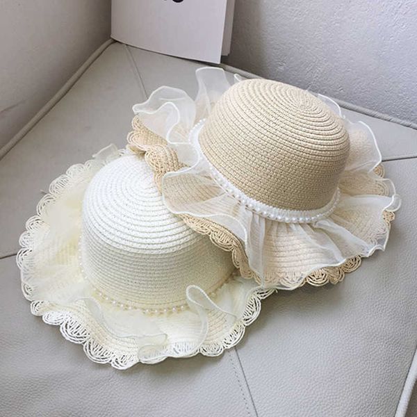 

caps s children's summer sunshade pearl lace straw girl cap girls' sunscreen beach hat baby pgraphy props p230424, Yellow