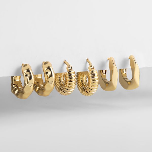 

hoop huggie 3pair creative gold color geometric irregular hammered earrings vintage twisted cuban chain set for women jewelry 230424, Golden;silver
