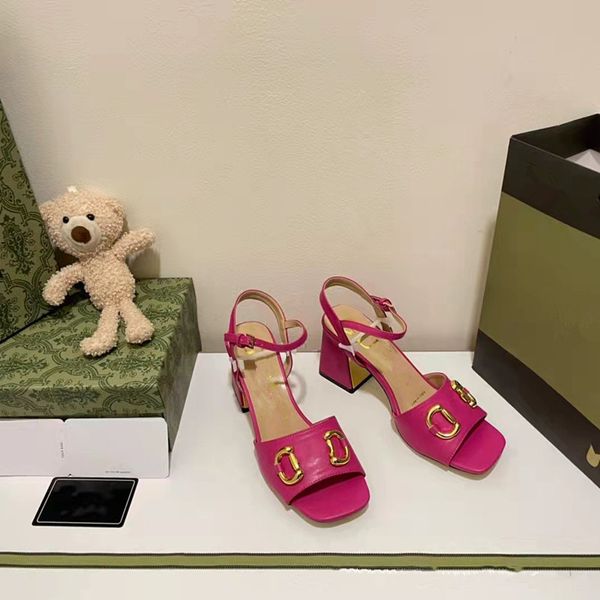 

designer 2023 summer new ladies sandals horsebit square toe candy color chunky heel buckle open toe high heels versatile casual women's, Black
