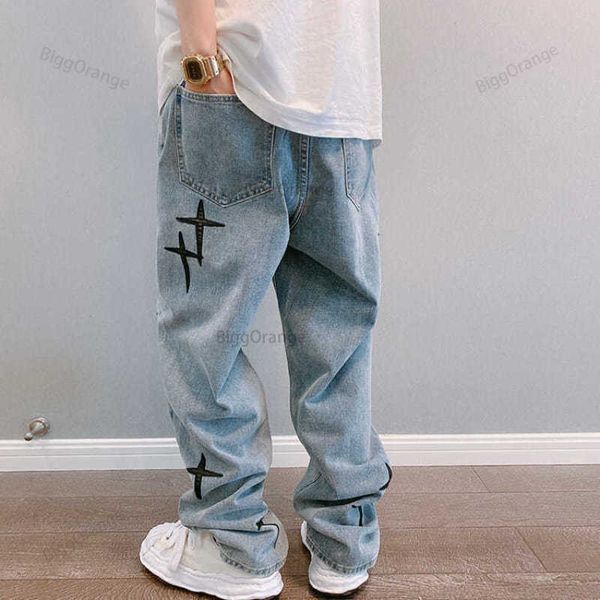 

men's jeans cross star embroidery jeans men four seasons street trend patch retro blue loose straight wide leg trousers men baggy jeans