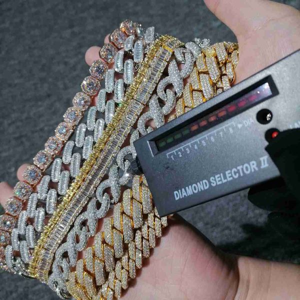 

hip hop icy jewelry for men women prong cuban link chain 925 silver vermeil necklaces iced out vvs diamonds moissanite chain