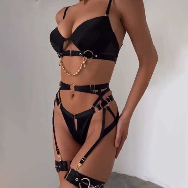 

set fancy delicate luxury erotic sets with chain erotic lingerie sets lingerie garters intimate bra and panty underwear set j230425, Red;black