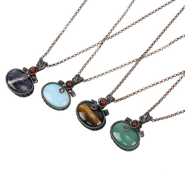

hand-woven oval stone creative diy bronze pendant jewelry natural crystal amethyst green aventurine tiger's eye fashion charm handmade, Silver