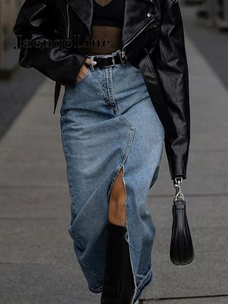 

skirts jacqueline high waist straight split 's 2023 elegant denim long vintage saias blue fashion y2k clothing 230424, Black