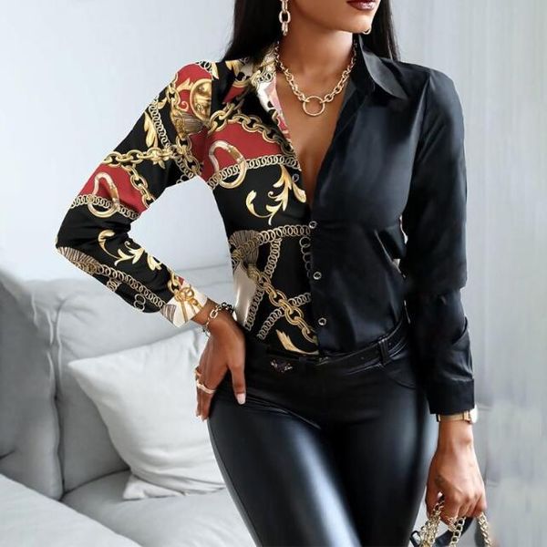 

women's blouses & shirts woman casual office lapel neck chain print autumn fashion button long sleeve two color patchwork shirt elegant, White