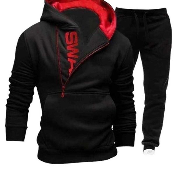 

hoodies & sweatshirts new men's hooded oblique zipper print pullover two piece sweater pants outer set{category}, Black