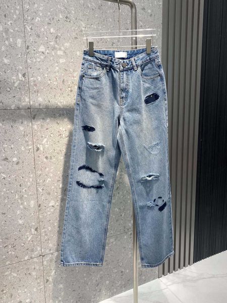 

23ss straight jeans womens pants denim jeans designer women jeans classic embroidered ripped wide-leg jeans pants womens clothing, Blue