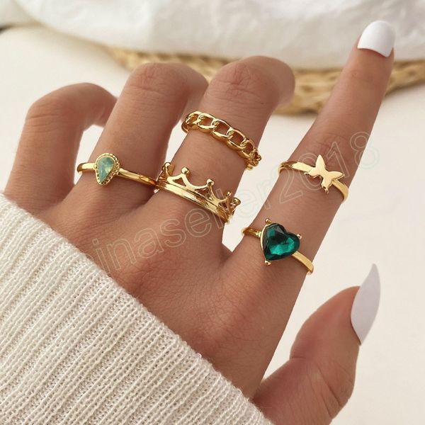 

fashion crown green heart-shaped crystal chain butterfly rings for women cute gold color rings set trendy jewelry gifts, Silver