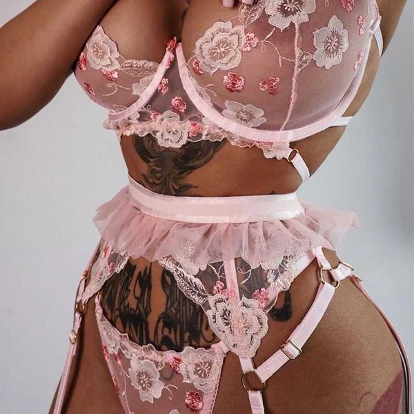 

set 3 piece set pink floral embroider mesh lingerietransparent underwear women thong bra erotic sensual lace lingerie set j230425, Red;black