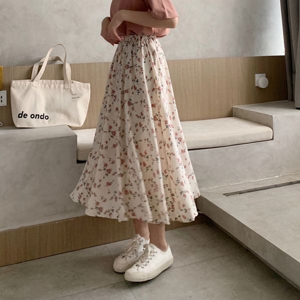 

skirts vintage floral print a-line pleated long summer women korean streetwear drawstring elastic waist midi 230424, Black
