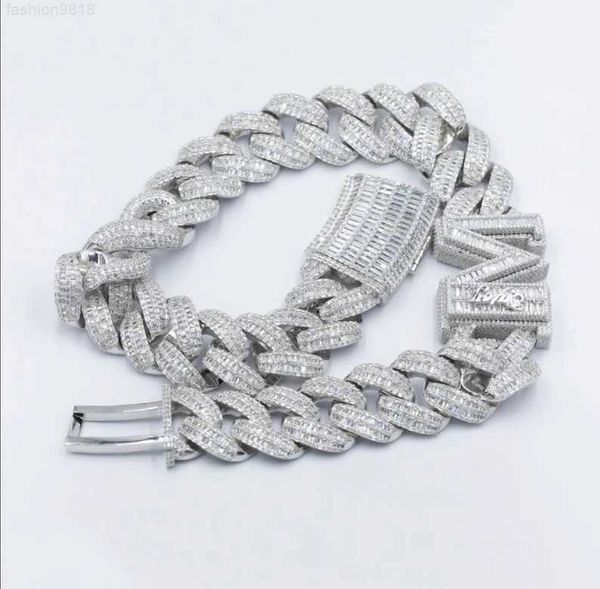 

luxury rapper jewelry baguette iced out moissanite letter cuban chain 14mm silver 925 custom name pendant cuban necklace