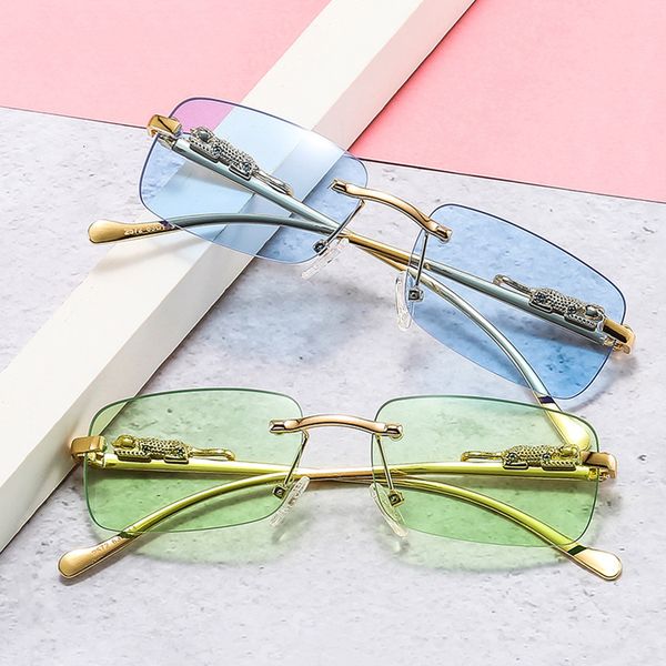 

olick fashion rimless rectangle sunglasses women retro cheetah decoration clear ocean lens eyewear men sun glasses shades uv400, White;black