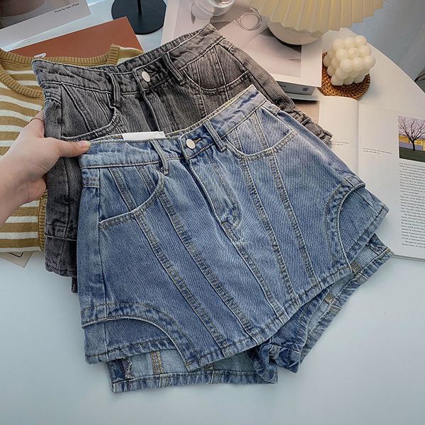 

women's shorts summer women's blue black shorts fashion high waist spliced solid color irregular a-line wide leg denim shorts fema, White;black
