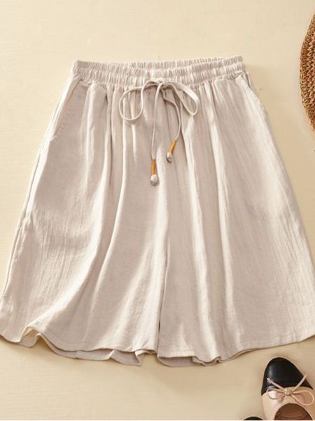 

women's shorts elastic high waist cotton linen women's summer shorts casual loose drawstring thin wide leg pants black women', White;black