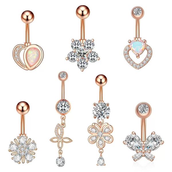 

surgical titanium stainless steel belly button ring diamond flower dangle navel barbell stud for women rose gold cubic zirconia piercing bar, Silver
