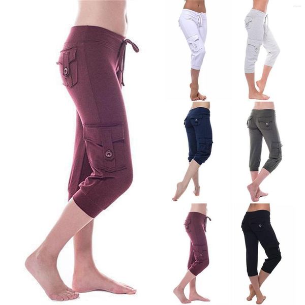 

Women's Pants Women Stretch Solid Color Mid-calf Length Flap Pockets Stretchy Waist Cropped Female Casual Capris Clothing, Red