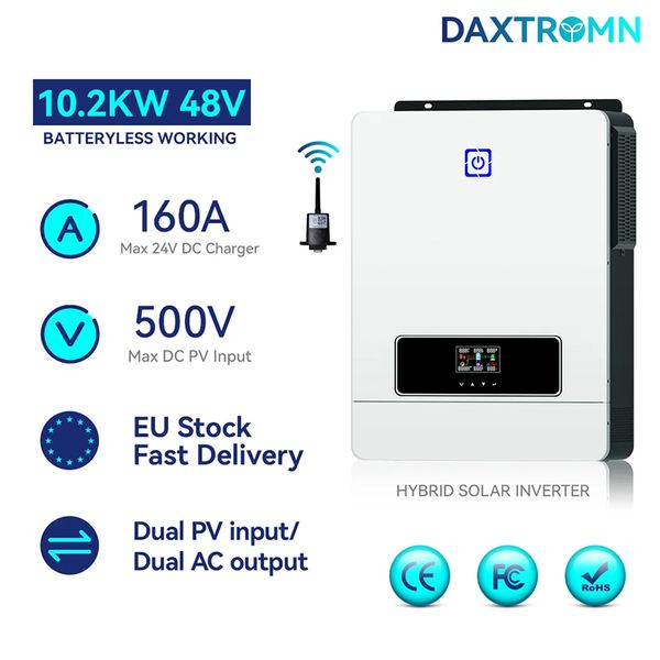 

daxtromn 10.2kw on/off grid tie solar inverter hybrid 48v 500vdc 160a mppt solar charge pure sine wave inverter 220v dual output with wifi